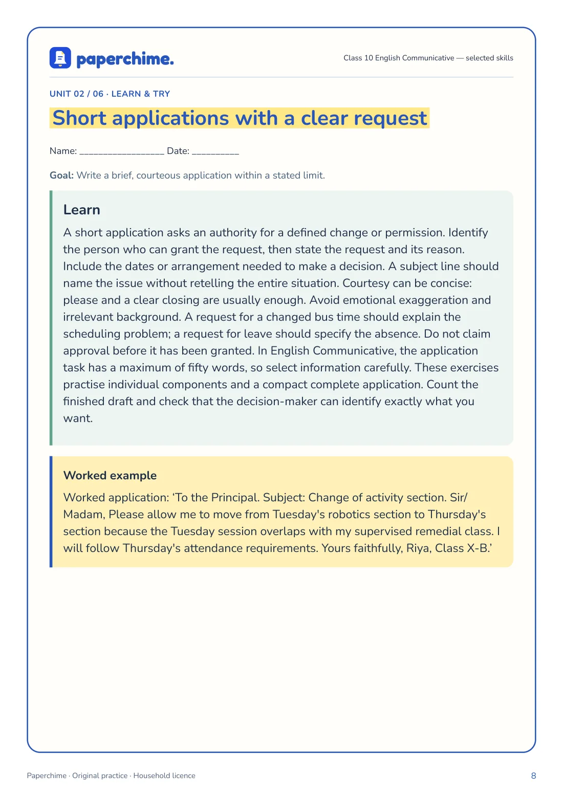 Actual Short applications with a clear request practice page, Class 10 English Communicative