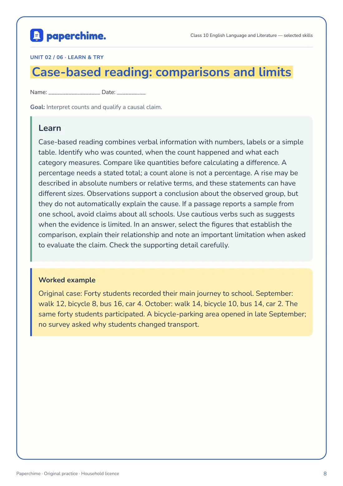 Actual Case-based reading: comparisons and limits practice page, Class 10 English Language and Literature