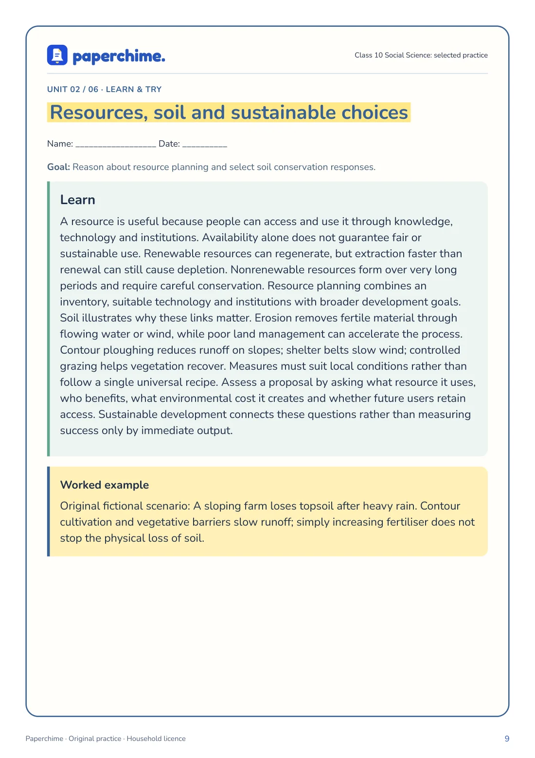 Actual Resources, soil and sustainable choices practice page, Class 10 Social Science