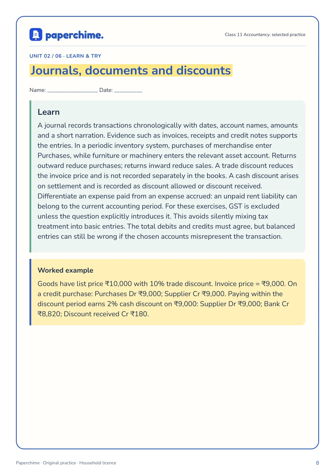 Actual Journals, documents and discounts practice page, Class 11 Accountancy