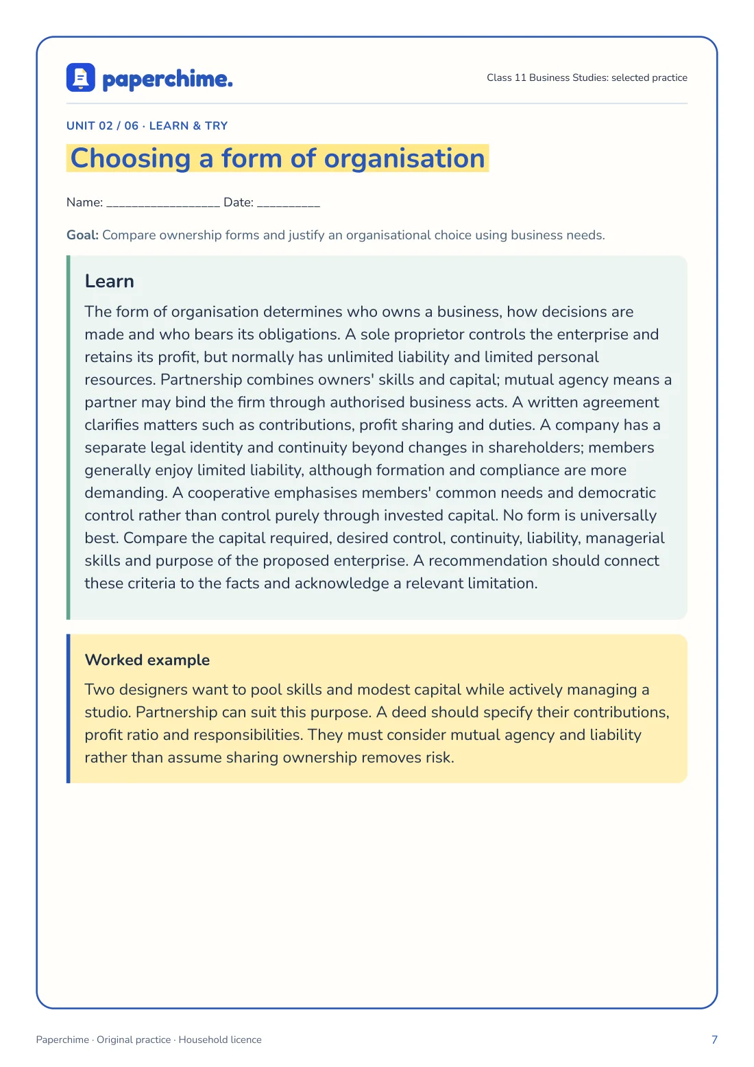 Actual Choosing a form of organisation practice page, Class 11 Business Studies