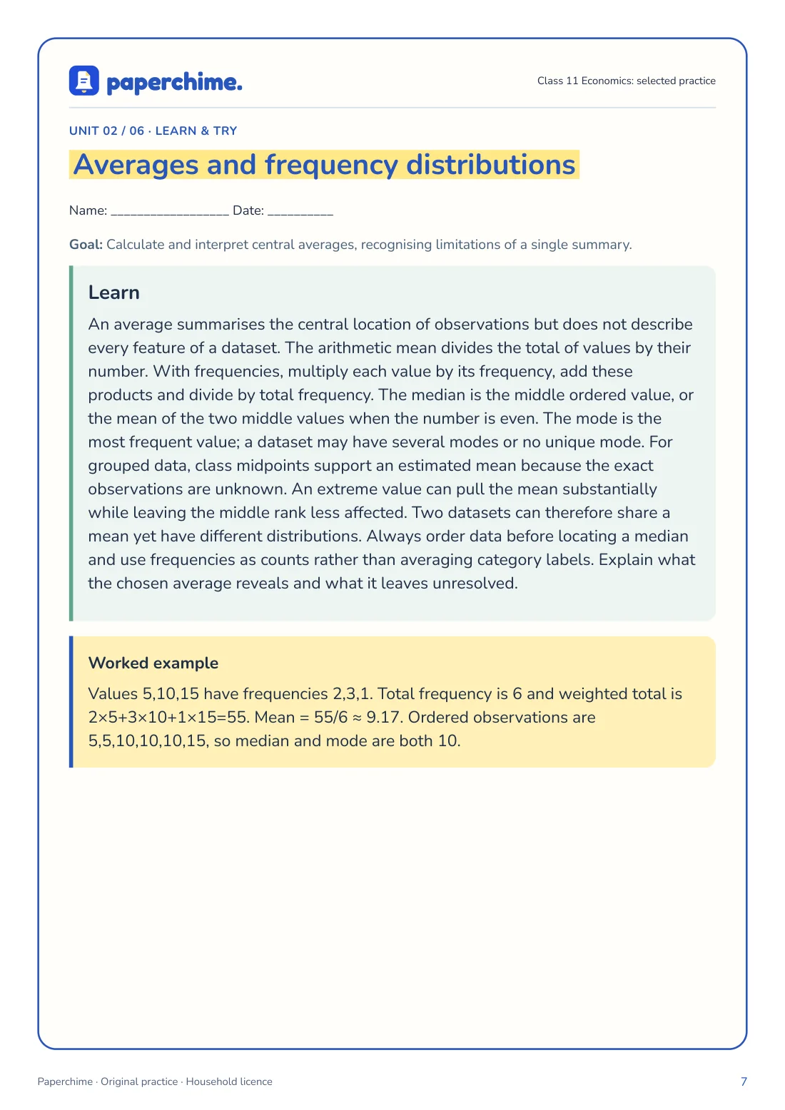 Actual Averages and frequency distributions practice page, Class 11 Economics