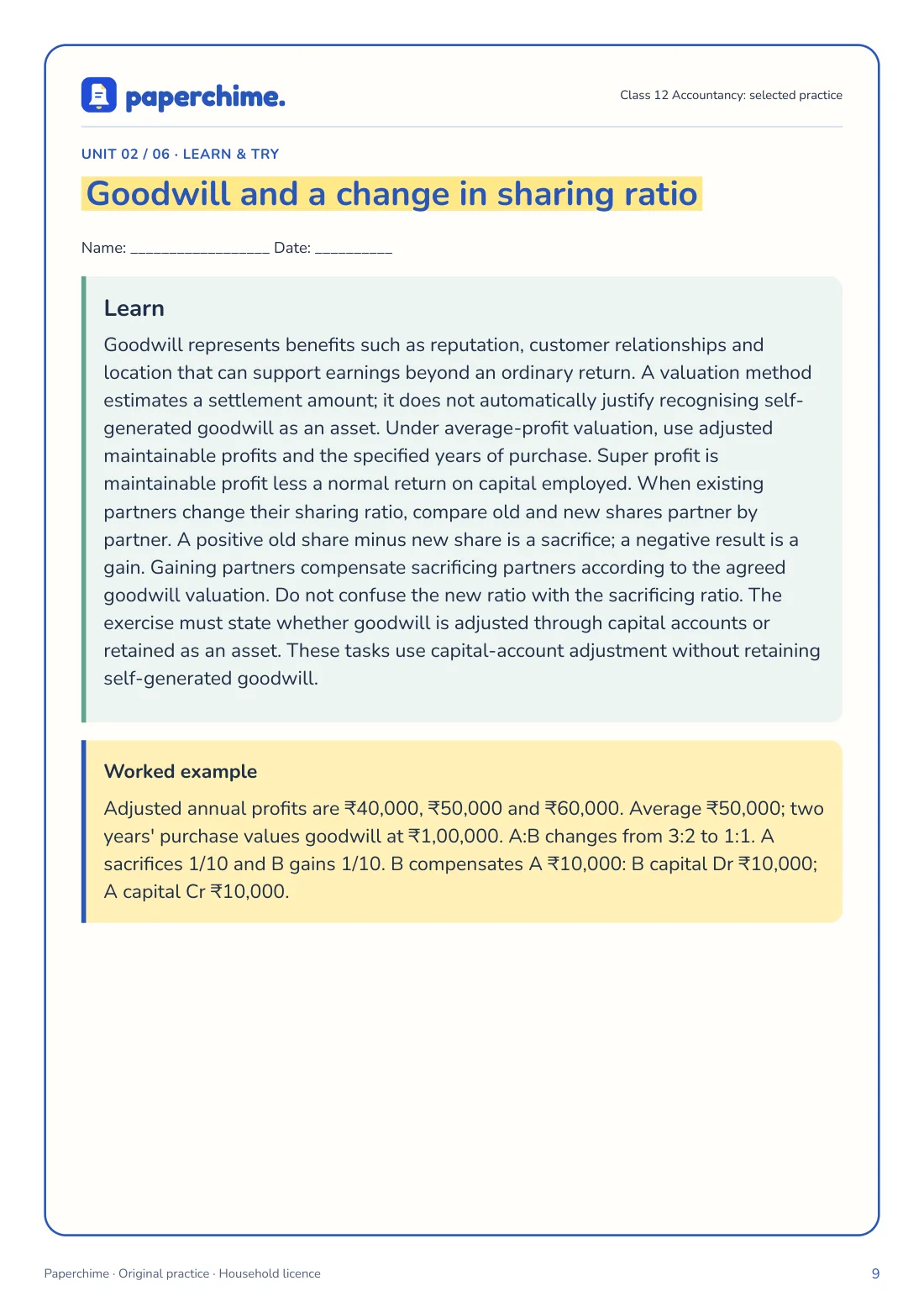 Actual Goodwill and a change in sharing ratio practice page, Class 12 Accountancy