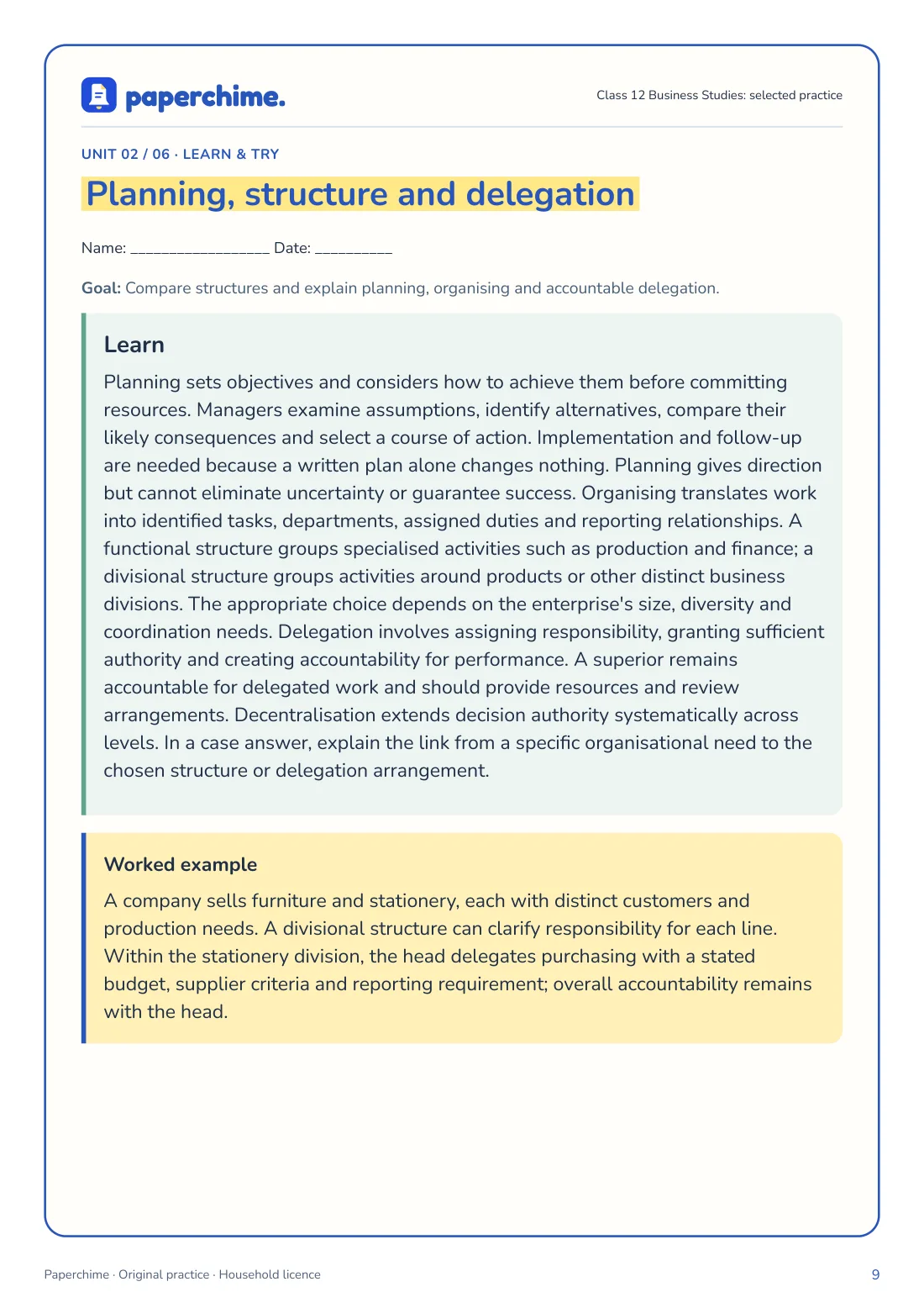 Actual Planning, structure and delegation practice page, Class 12 Business Studies