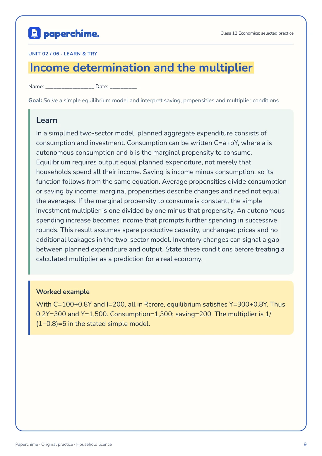 Actual Income determination and the multiplier practice page, Class 12 Economics