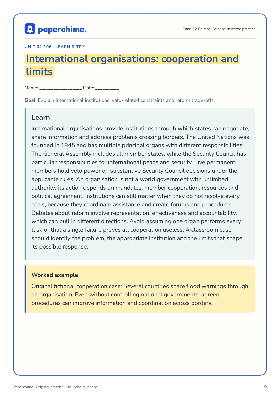 Actual International organisations: cooperation and limits practice page, Class 12 Political Science