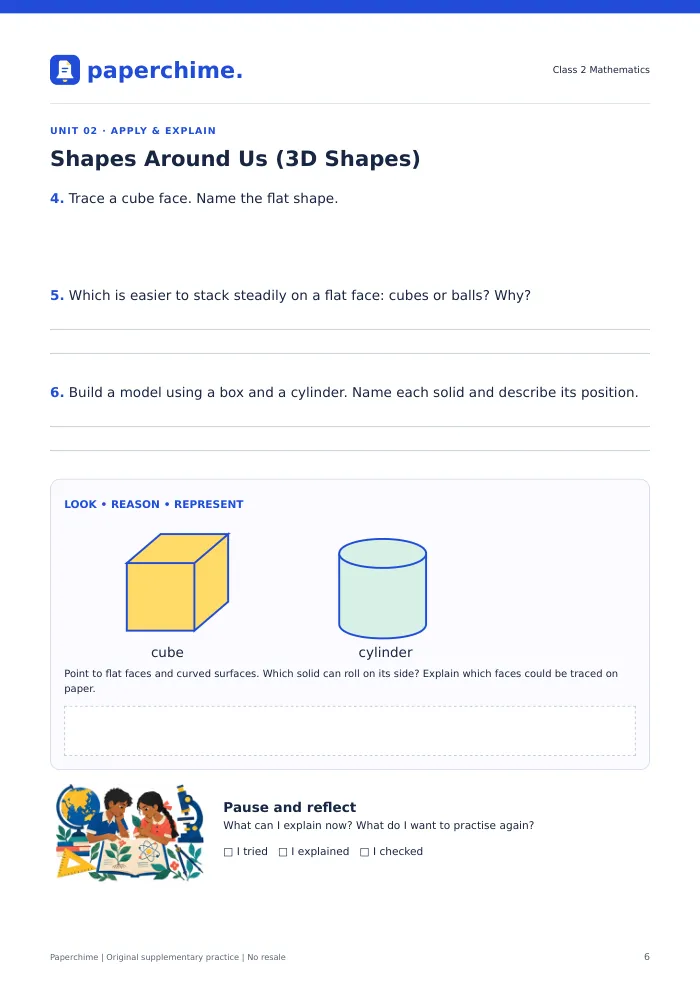 Actual Shapes Around Us (3D Shapes) practice page, Class 2 Maths