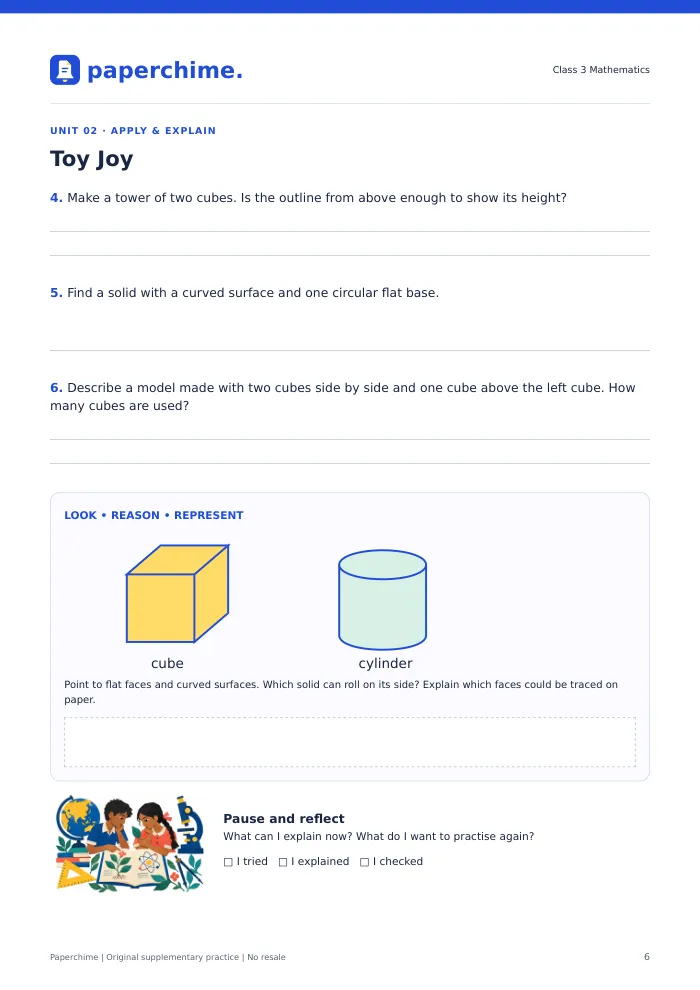 Actual Toy Joy practice page, Class 3 Maths