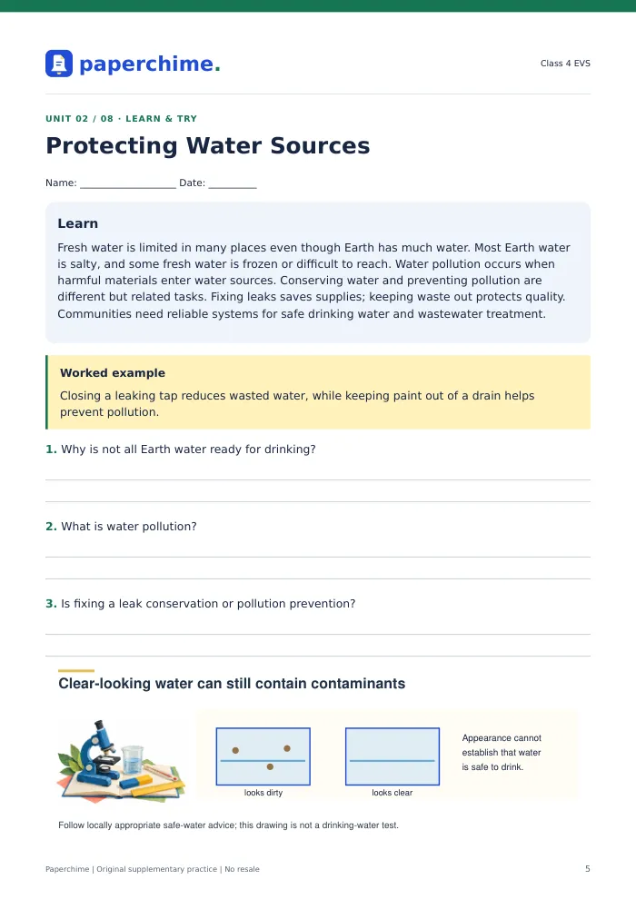 Actual Protecting Water Sources practice page, Class 4 EVS