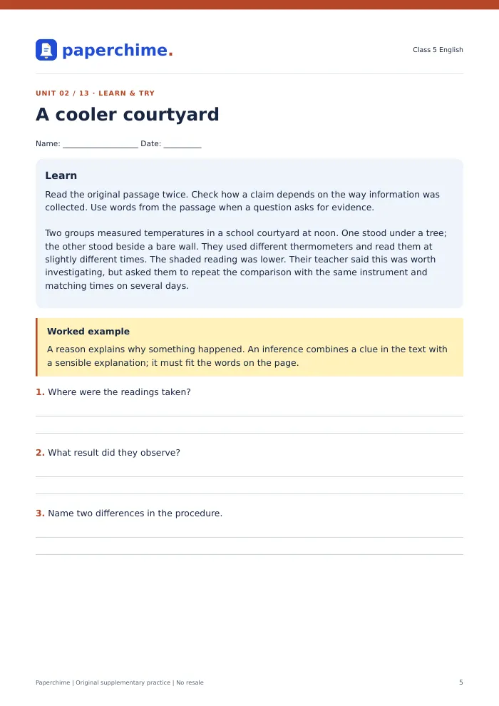Actual A cooler courtyard practice page, Class 5 English