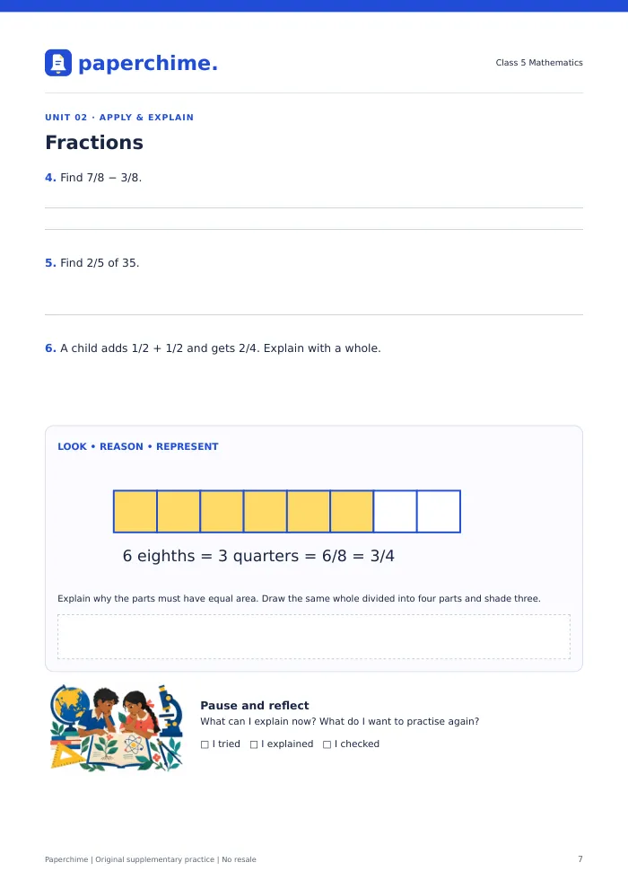 Actual Fractions practice page, Class 5 Maths
