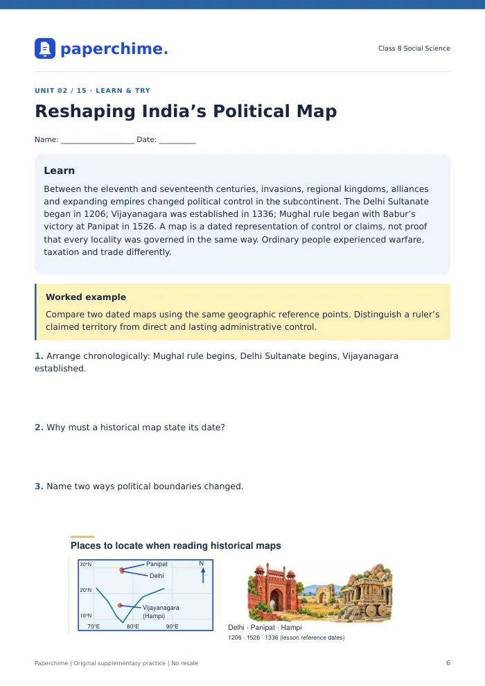 Actual Reshaping India’s Political Map practice page, Class 8 Social Science