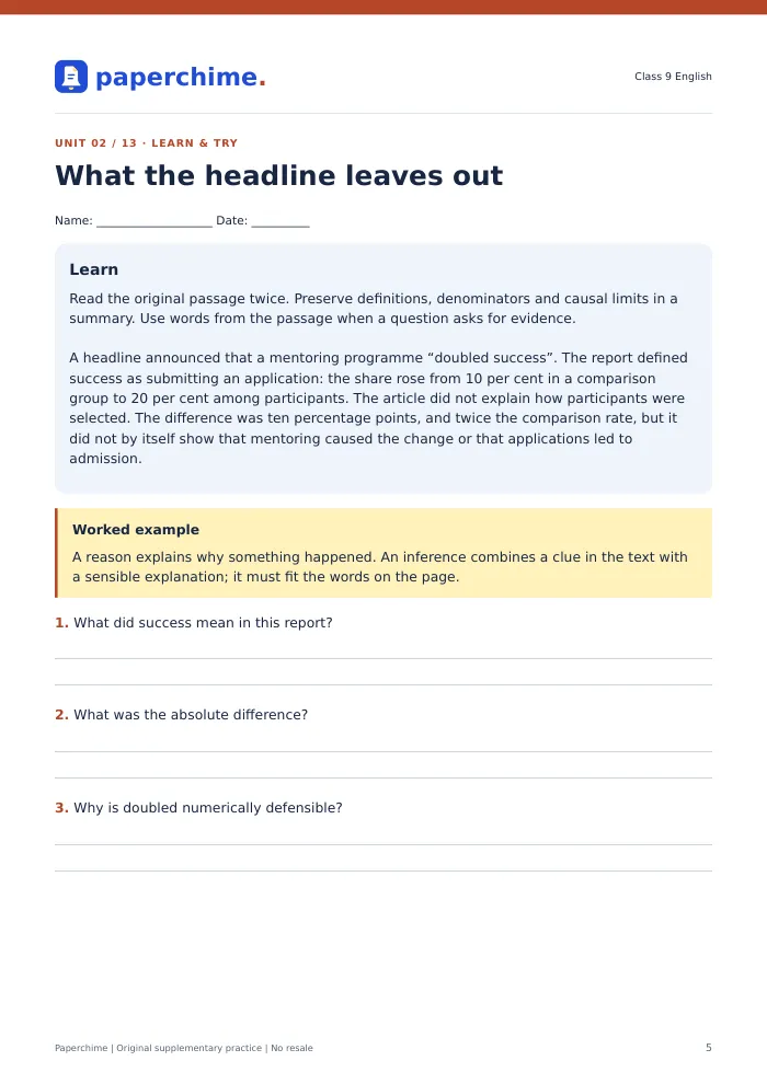 Actual What the headline leaves out practice page, Class 9 English