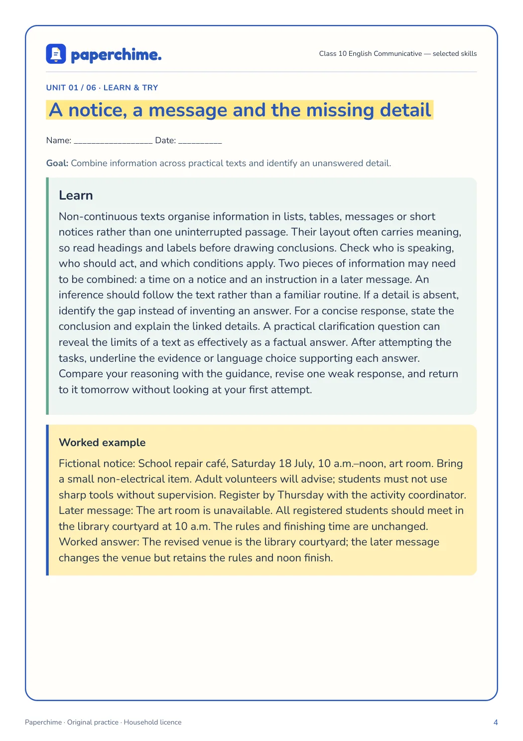 Actual concept page from Class 10 English Communicative — selected skills