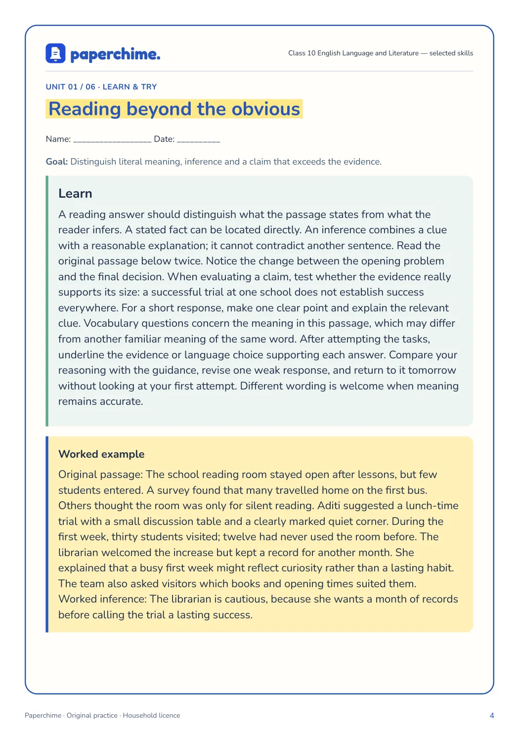Actual concept page from Class 10 English Language and Literature — selected skills
