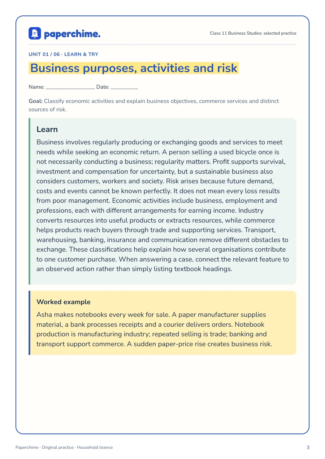 Actual concept page from Class 11 Business Studies: selected practice
