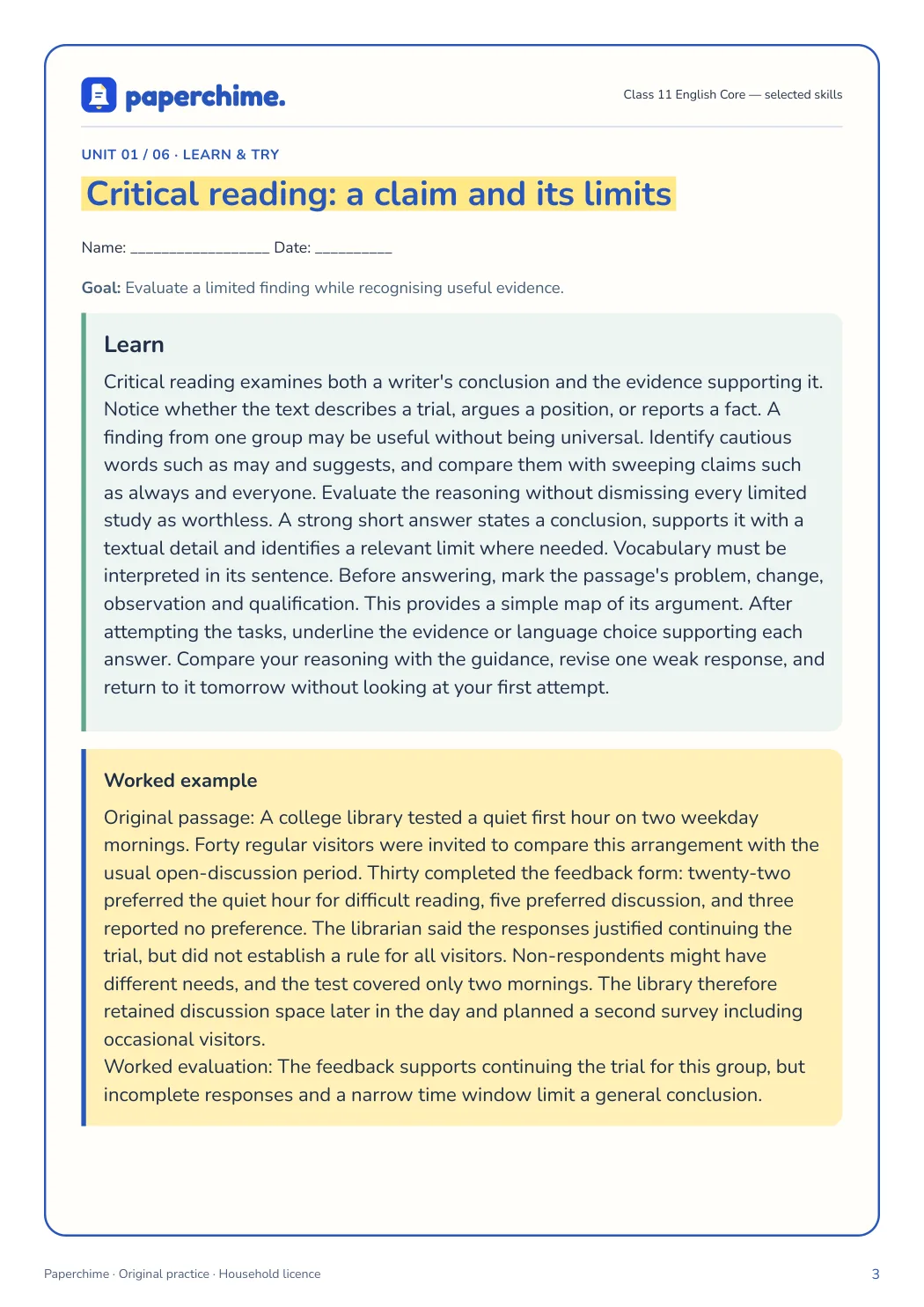 Actual concept page from Class 11 English Core — selected skills