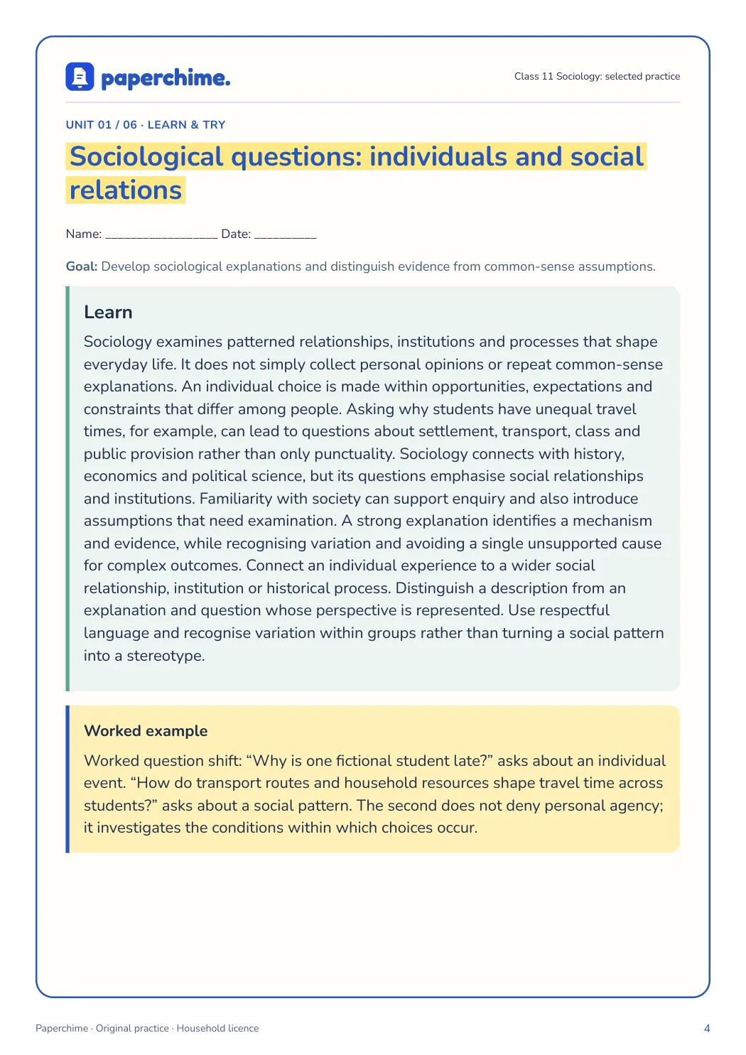 Actual concept page from Class 11 Sociology: selected practice
