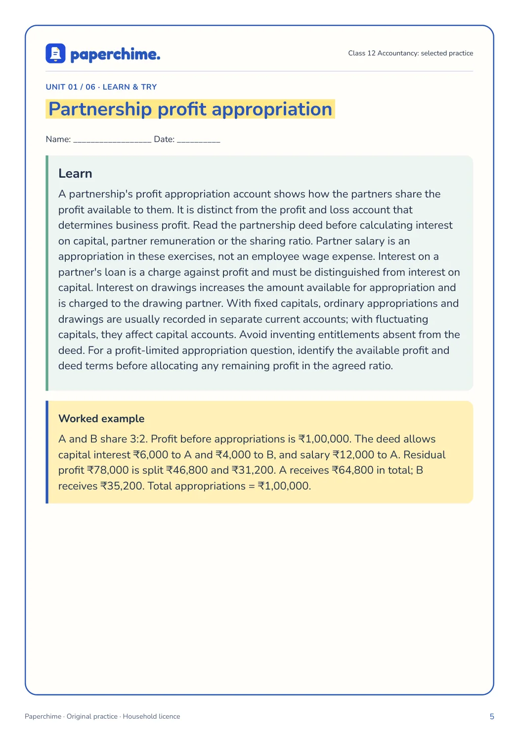 Actual concept page from Class 12 Accountancy: selected practice
