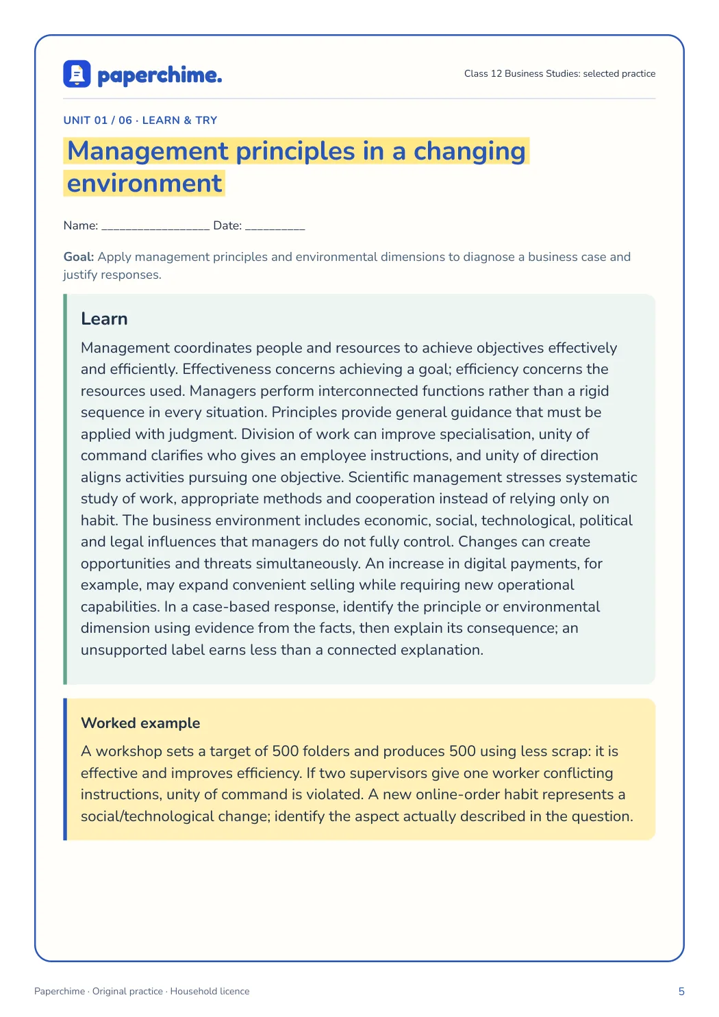 Actual concept page from Class 12 Business Studies: selected practice