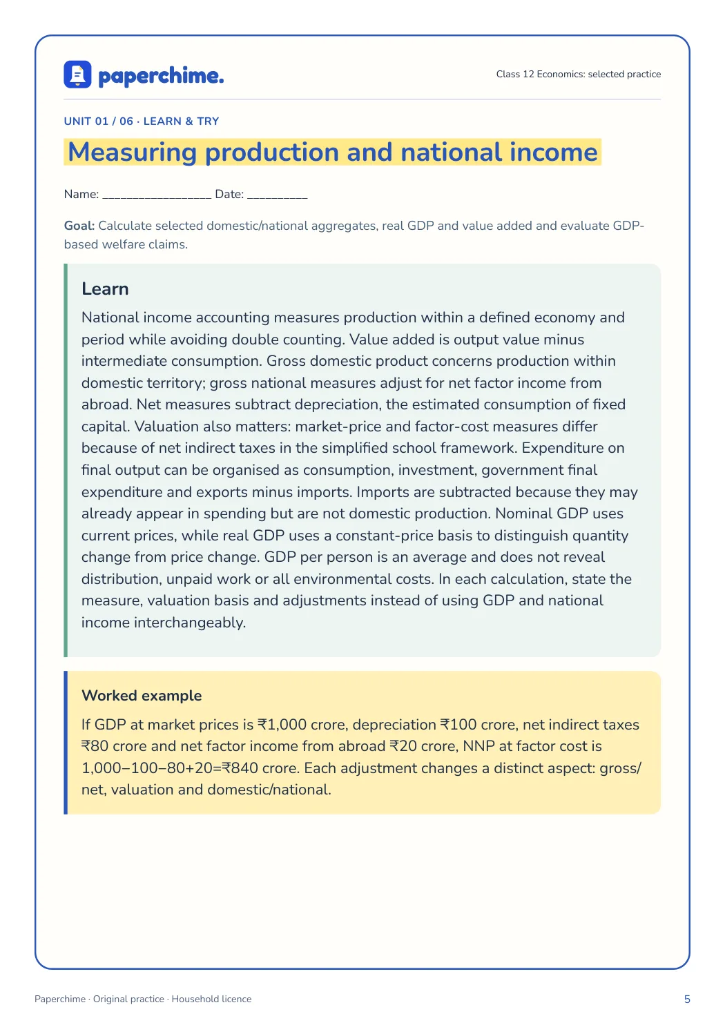 Actual concept page from Class 12 Economics: selected practice
