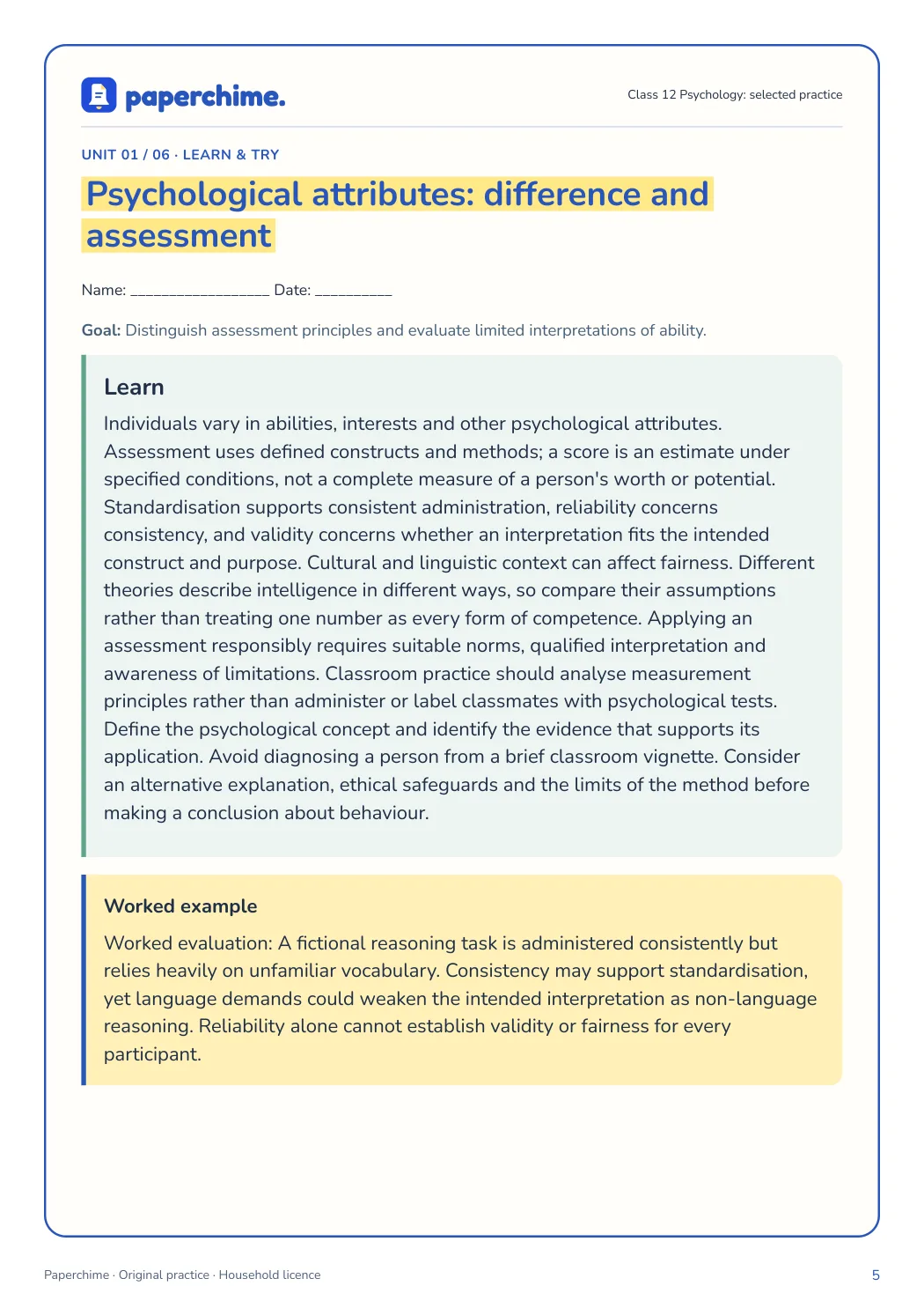Actual concept page from Class 12 Psychology: selected practice