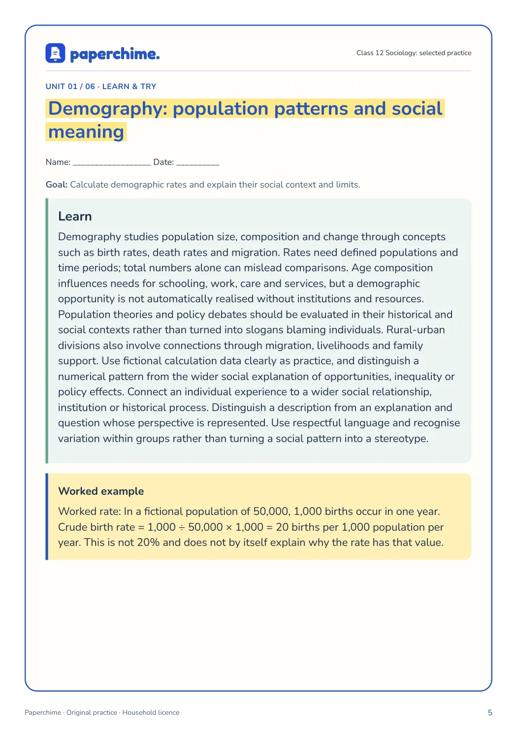 Actual concept page from Class 12 Sociology: selected practice